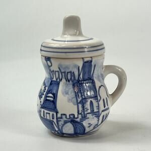 Miniature Hand Painted Pitcher with Lid 2.75" Tall Blue White Castle Souvenir